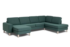 Visby U-sofa med chaiselong og open end -  Deep green stof i dessin Corvo - FAST LAVPRIS